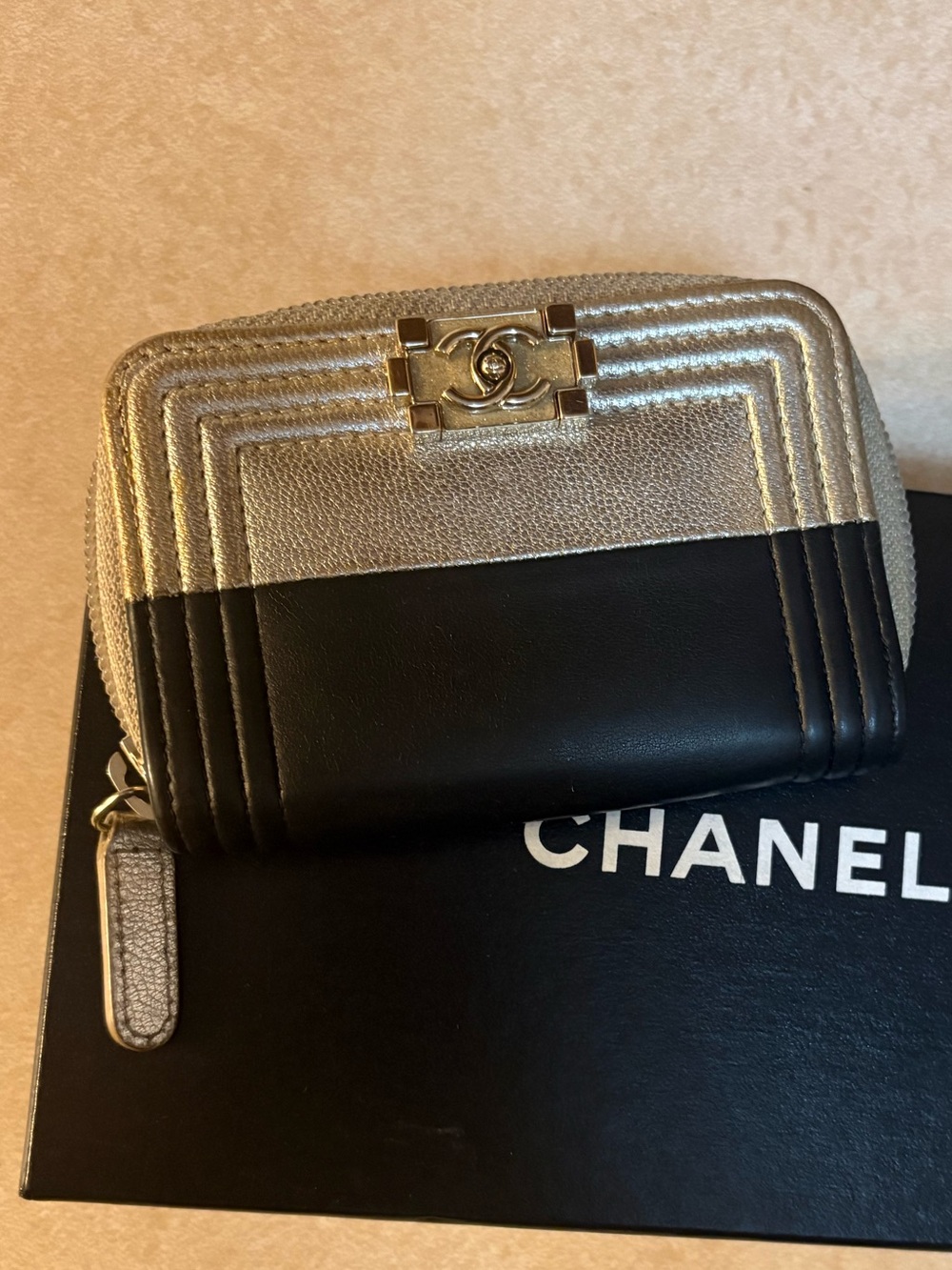 CHANEL Boy Metallic Gold and Black Quilted compact Zippy Wallet with gold enamel